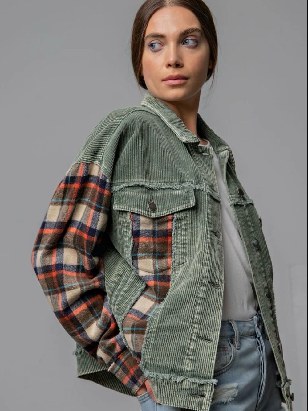 Easel Plaid Panel Contrast Corduroy Trucker Jacket Sage Green Medium